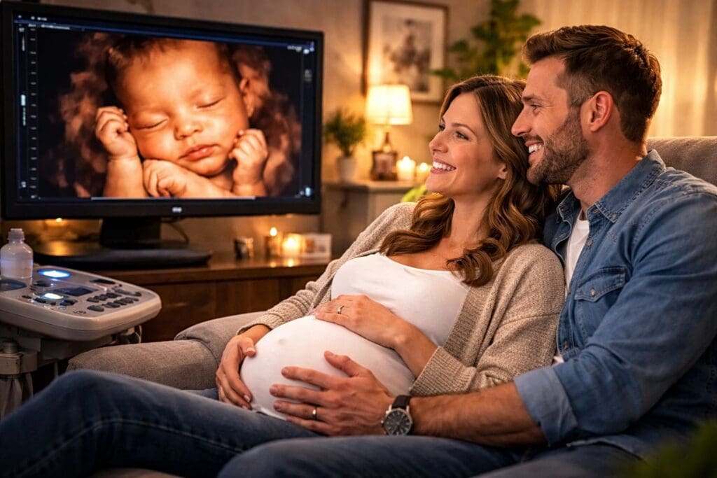 parents bonding with baby during 3D 4D ultrasound session showing emotional connection