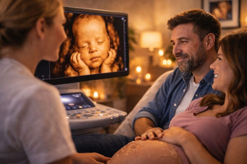 father bonding with baby during 3D 4D ultrasound session showing emotional connection