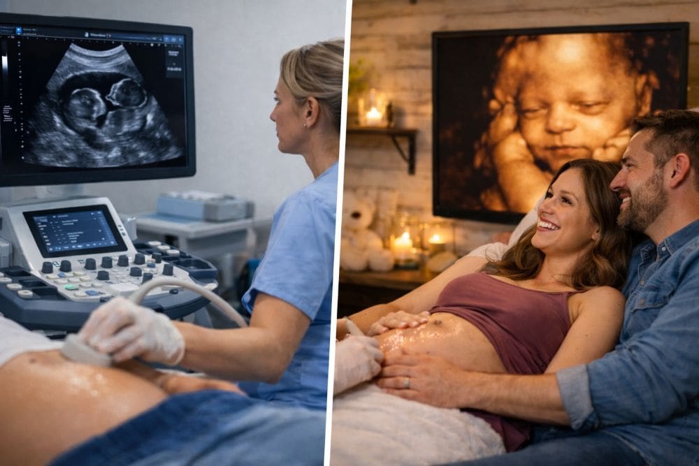 Comparison of diagnostic and non diagnostic ultrasound sessions showing medical exam and bonding experience