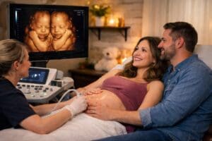 Parents viewing twins during a 3D 4D ultrasound session in a warm family setting